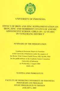 Image of Effect of Iron and Zinc Supplementation on Iron, Zinc and Morbidity Status of Anemic Adolescent School Girls (10-12 Years) in Tangerang District. (Summary of the Dissertation).